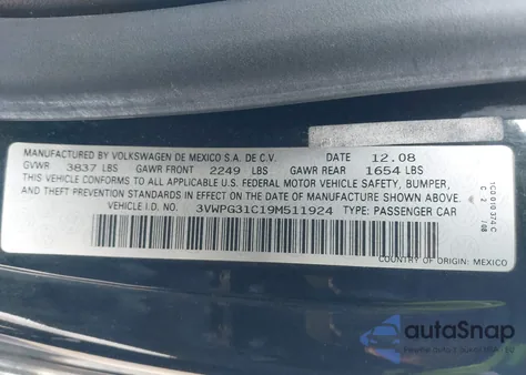 2009 Volkswagen New Beetle 2.5L z USA, uszkodzony, nr VIN 3VWPG31C19M511924
